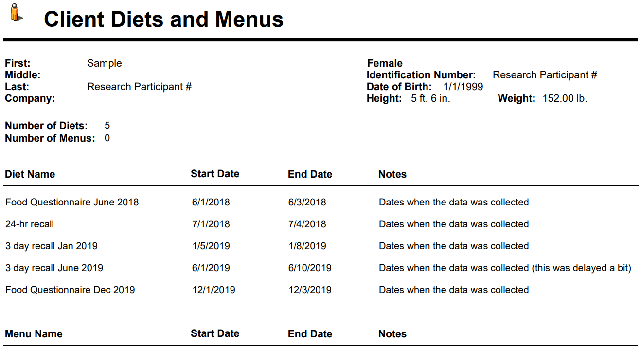 Client list with diets and FFQ