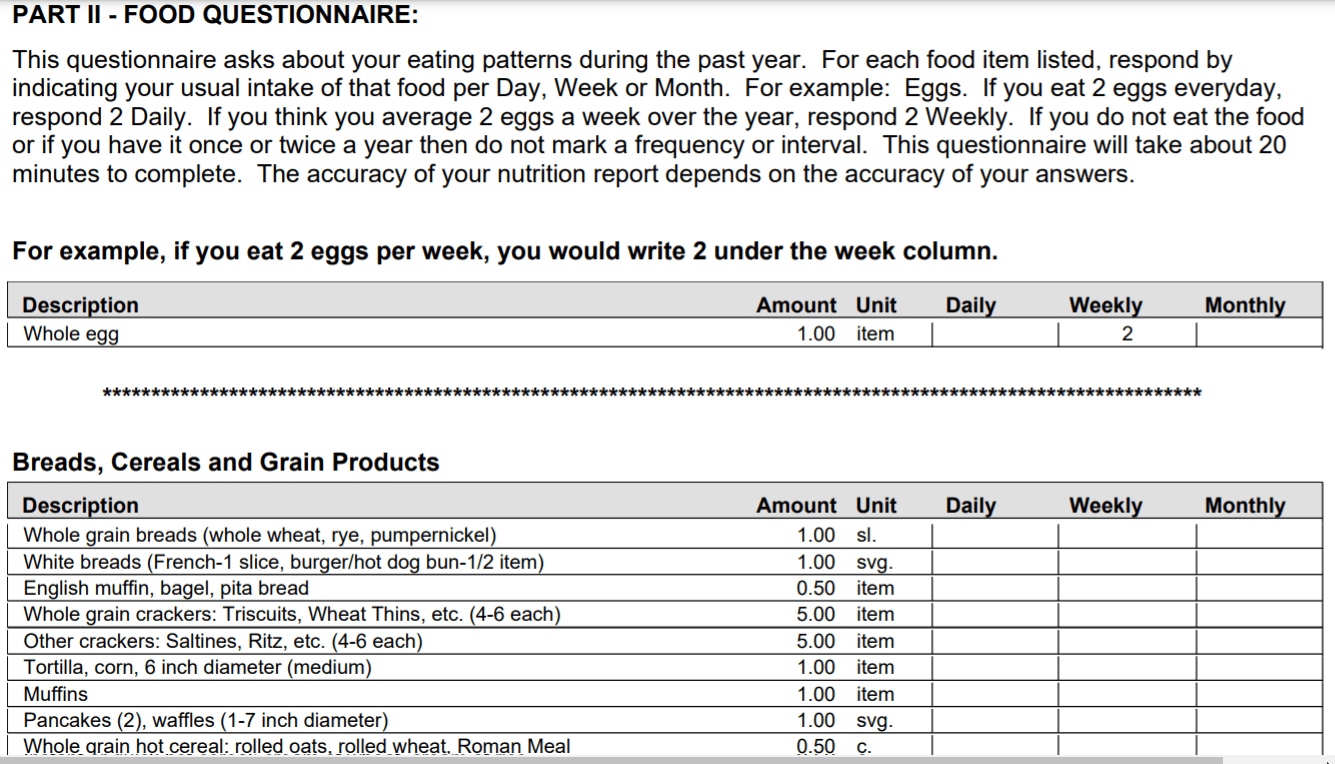 Food Frequency Questionnaire FFQ