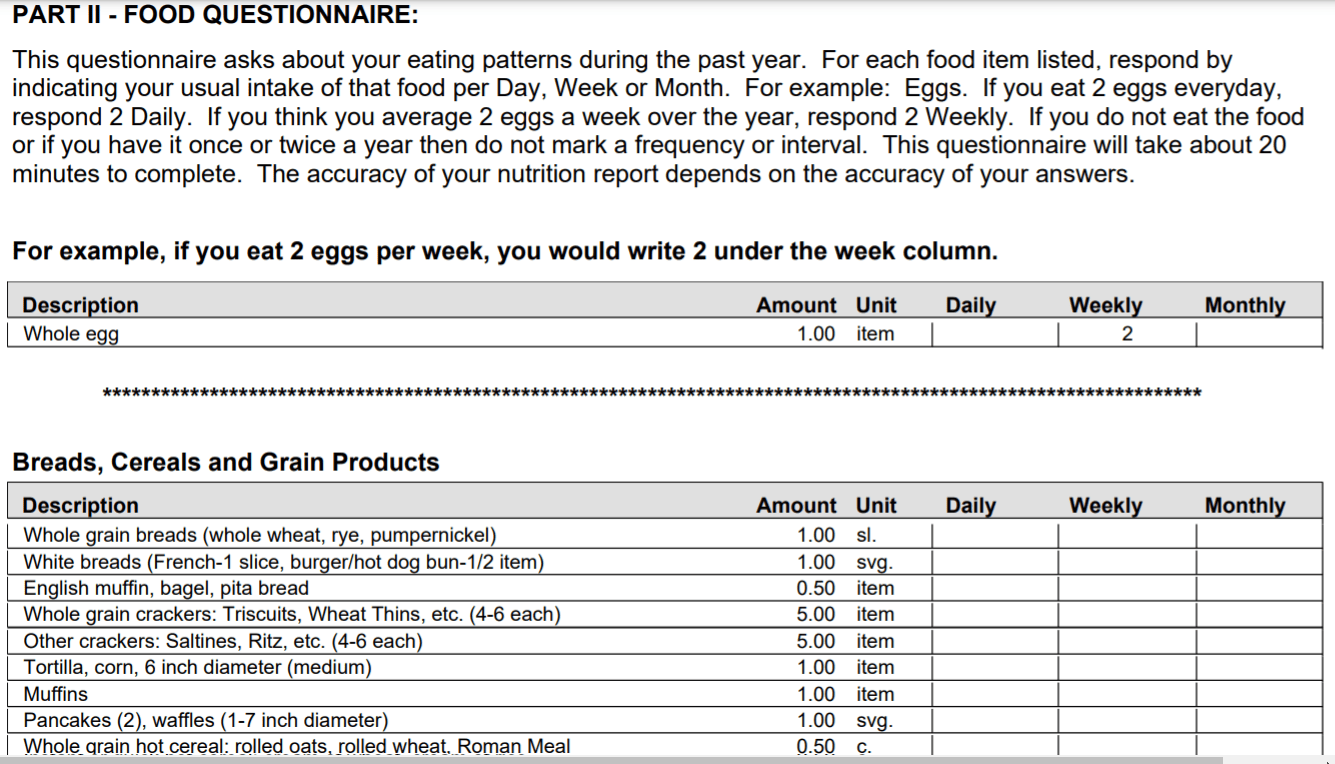 food questionnaire format